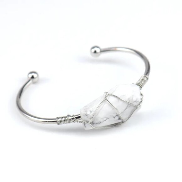 3/$35 Wired Howlite White Grey Natural Stone Crystal Metal Cuff Bangle Bracelet - Picture 1 of 4